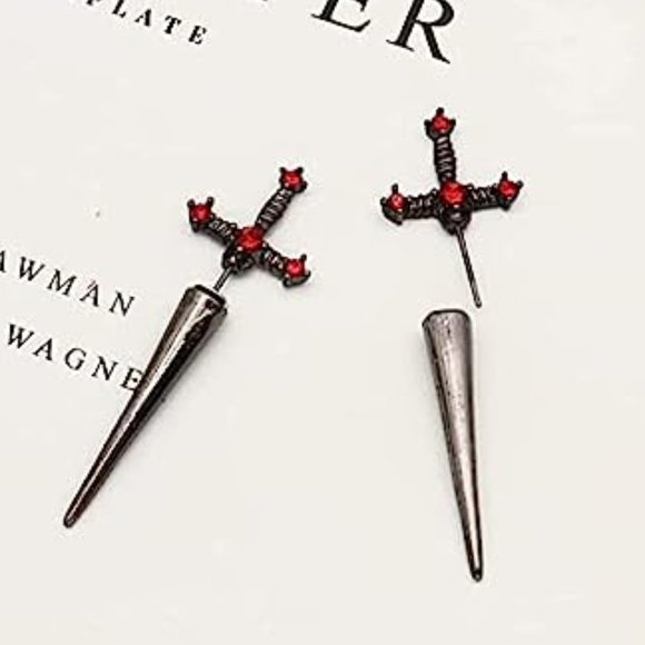 Gothic Sword Cool Punk Dagger Earrings Black With Red Crystal - Picture 1 of 4